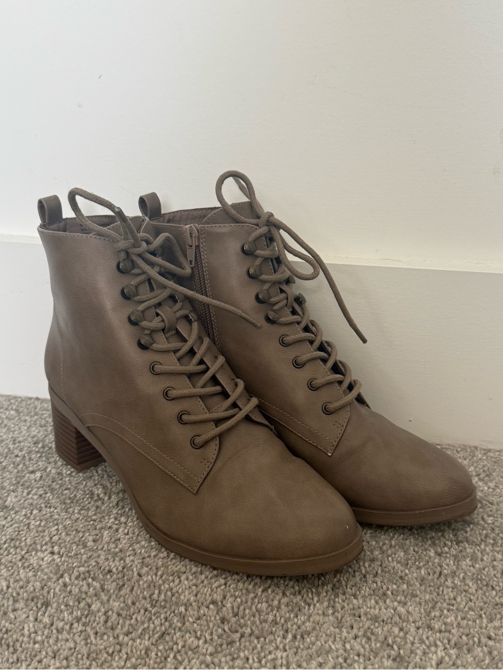 Ann Taylor LOFT • Lace-Up Taupe Ankle Boots with Block Heel
